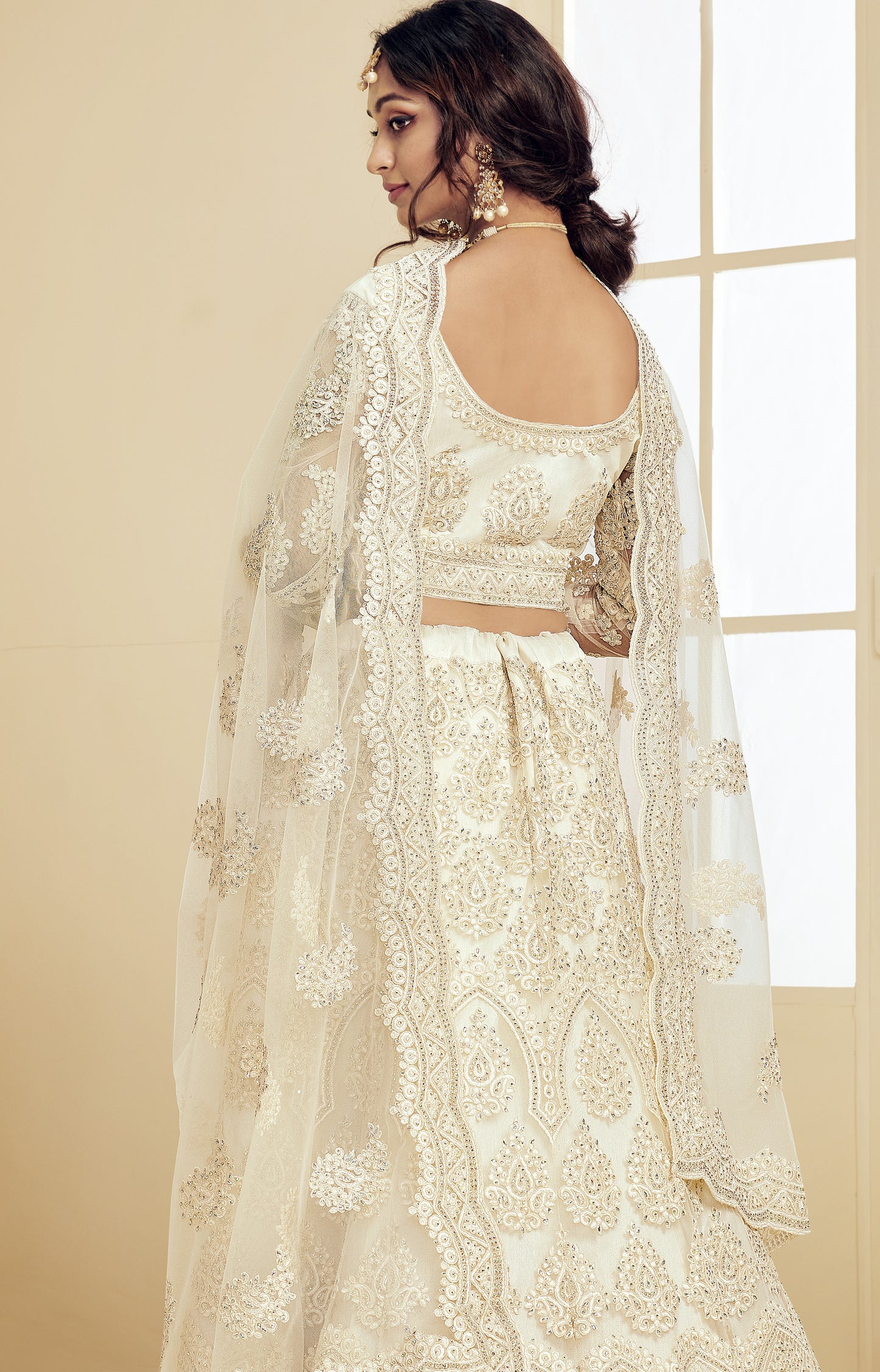 Off White Net & Silk Lehenga