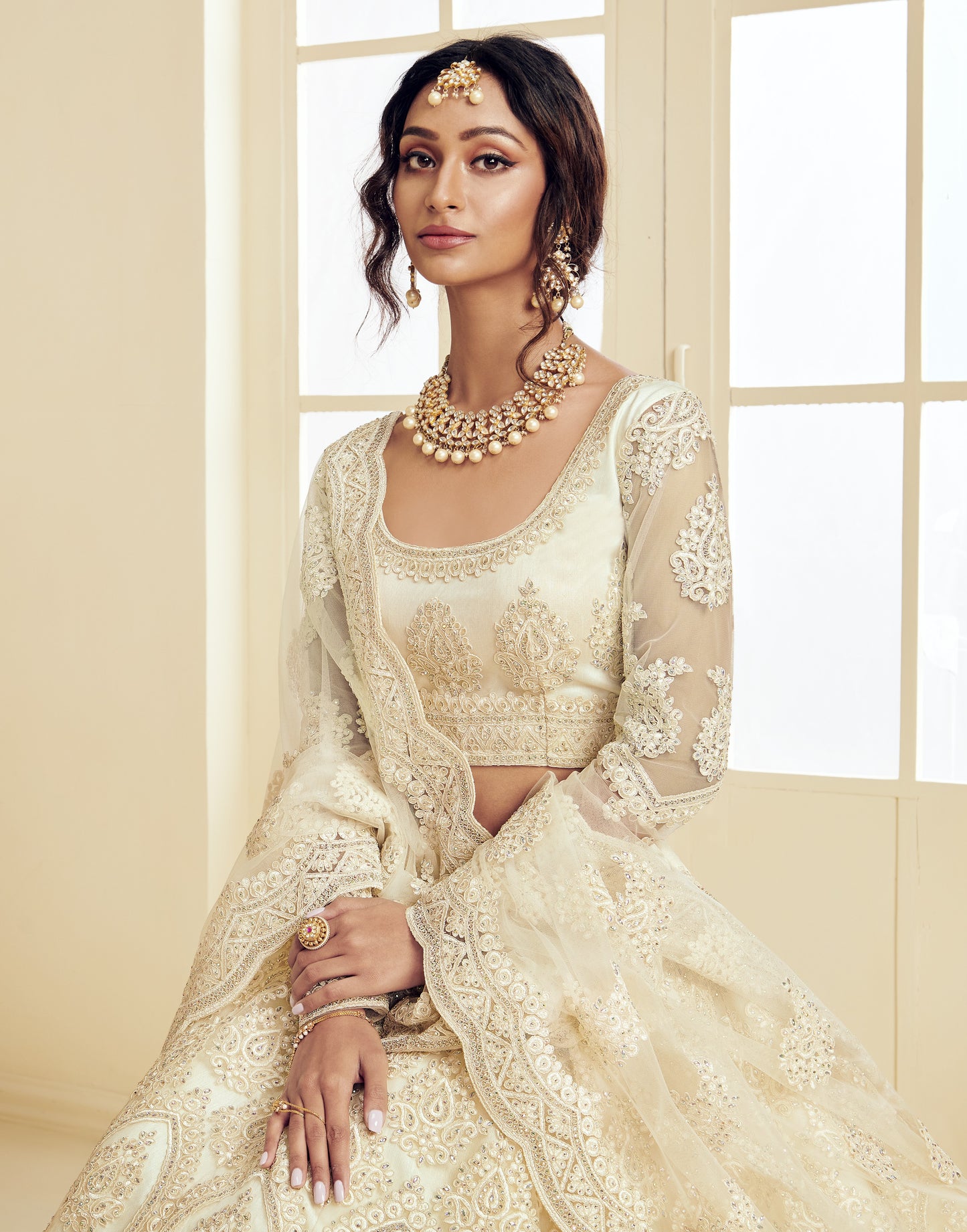 Off White Net & Silk Lehenga