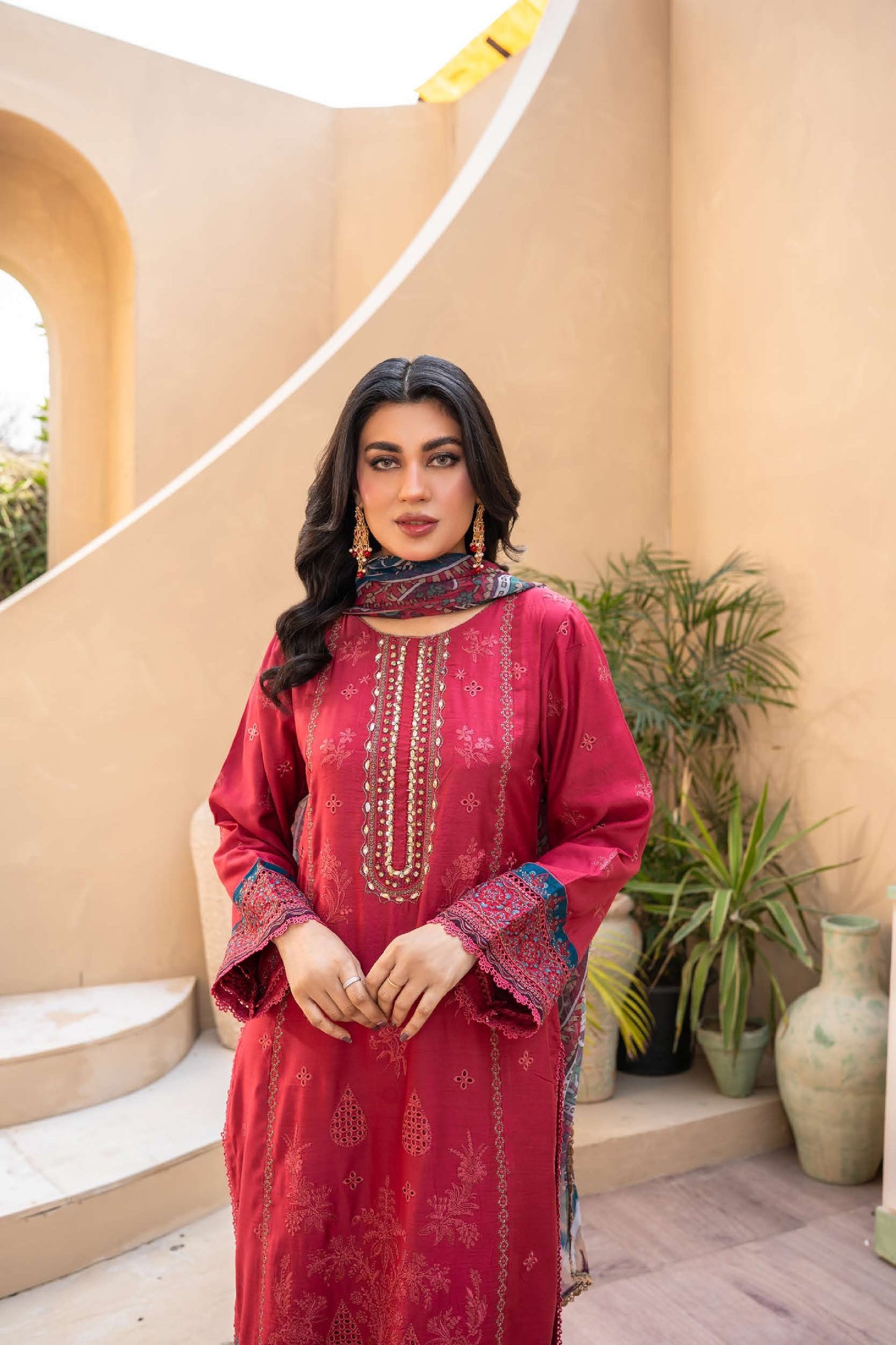 Embroidered Viscose Suit- Soft Red