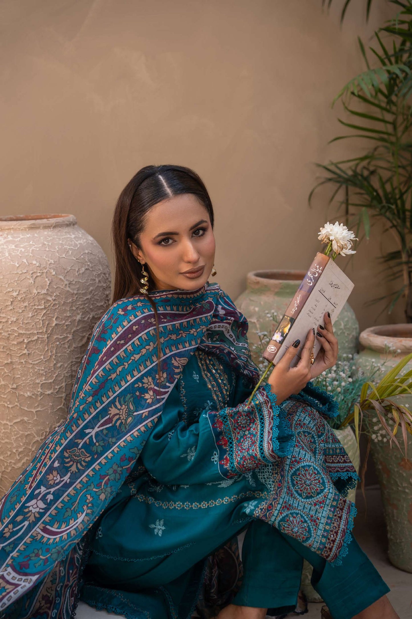 Embroidered Viscose Suit- Teal