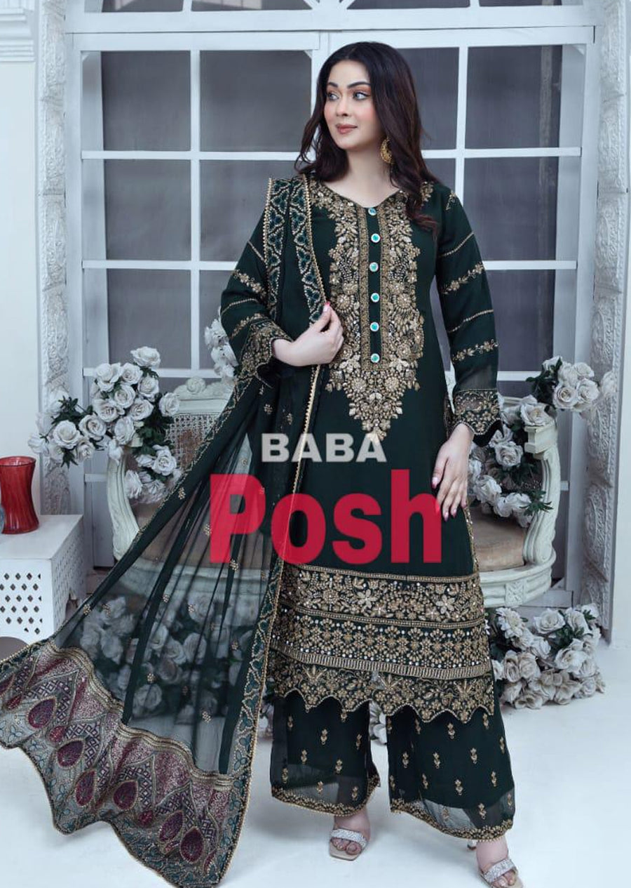 Green Chiffon Embroidered Suit - posh