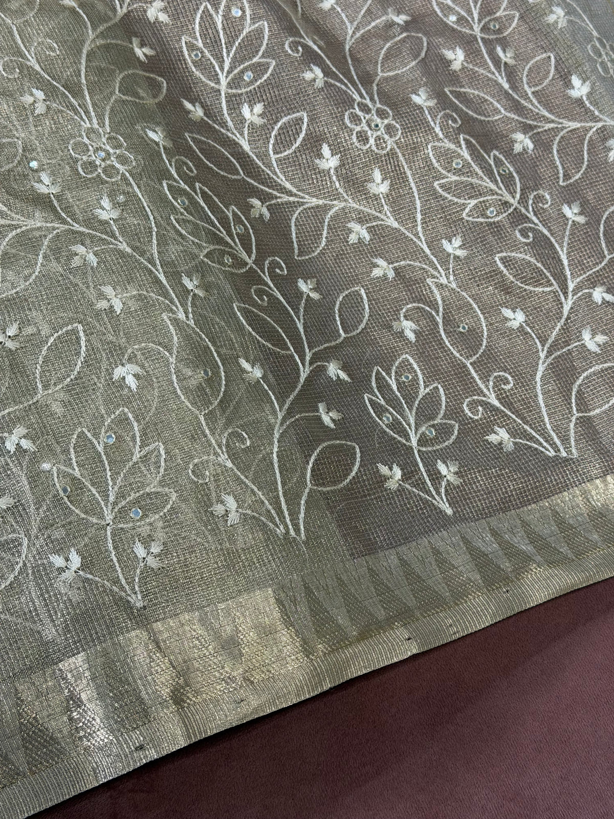 Gold Tissue Organza Ready Made Instant Saree - Zari and Resham Work