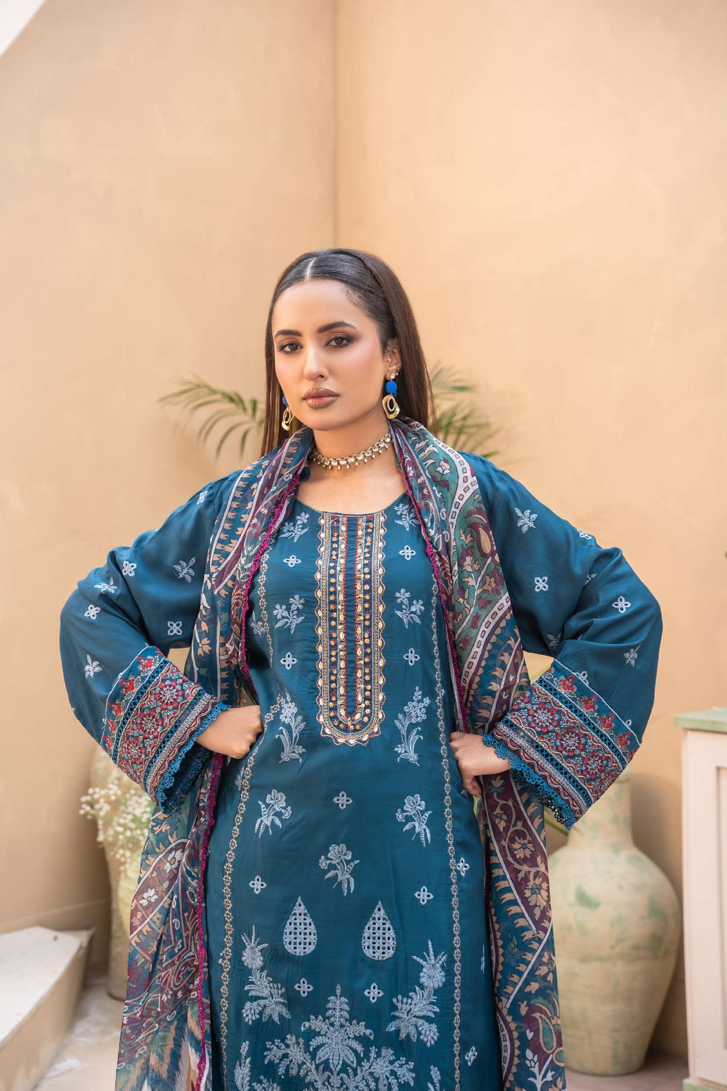Embroidered Viscose Suit- Navy
