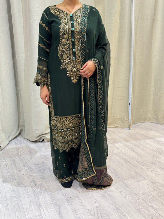 Green Chiffon Embroidered Suit - posh