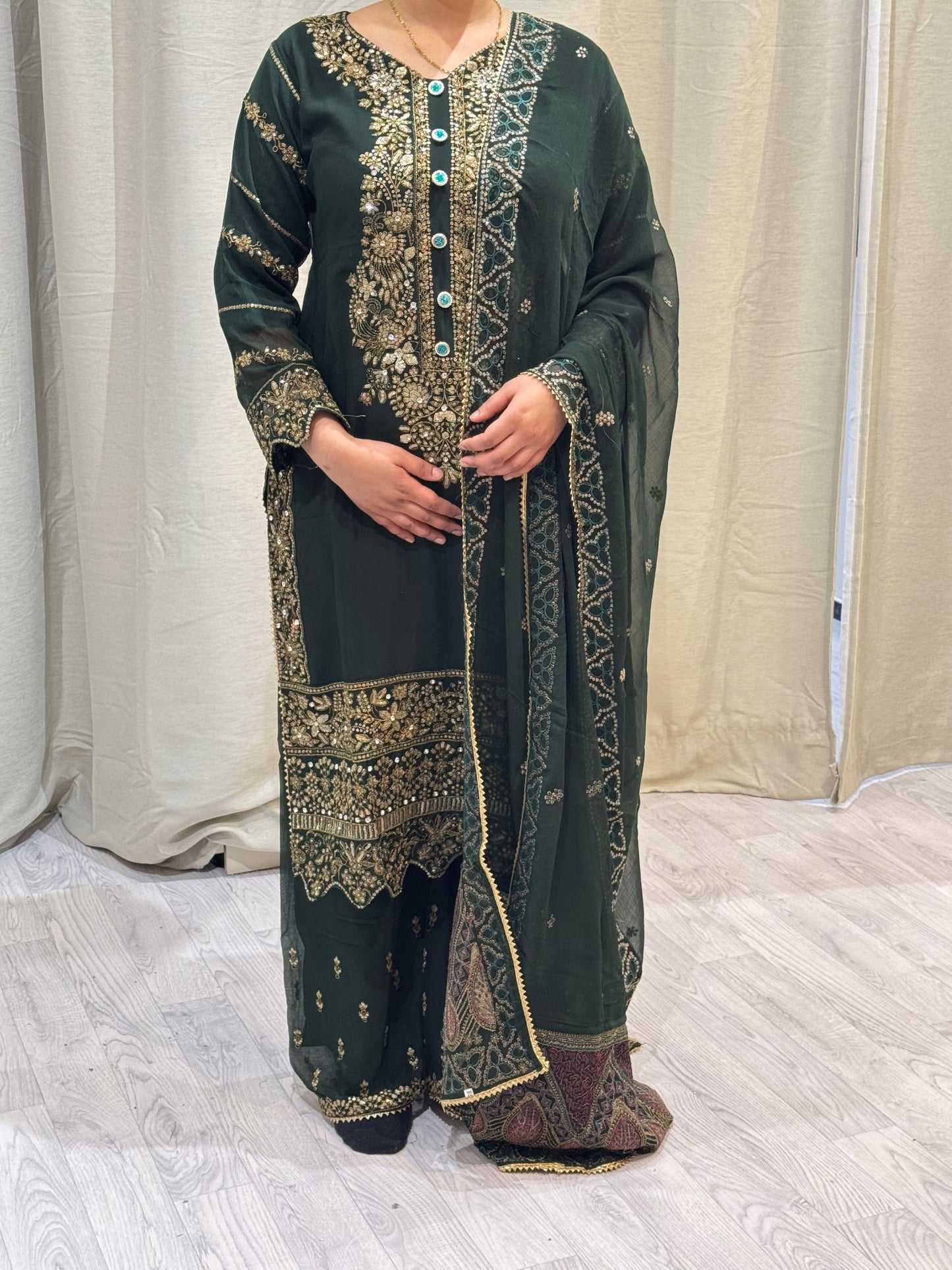 Green Chiffon Embroidered Suit - posh
