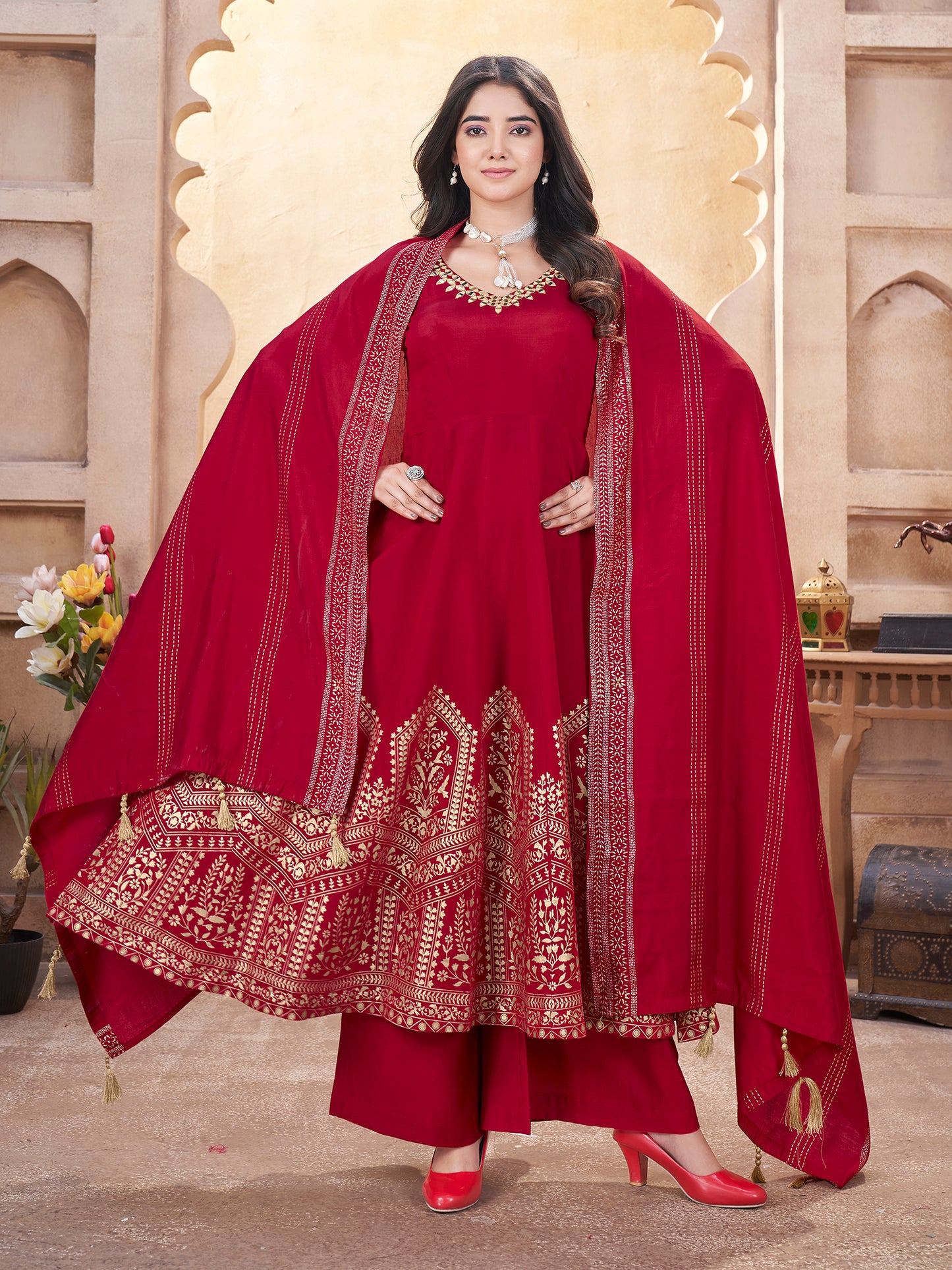 Red Roman Silk Ready to Wear Mirror Work- Shubhkala