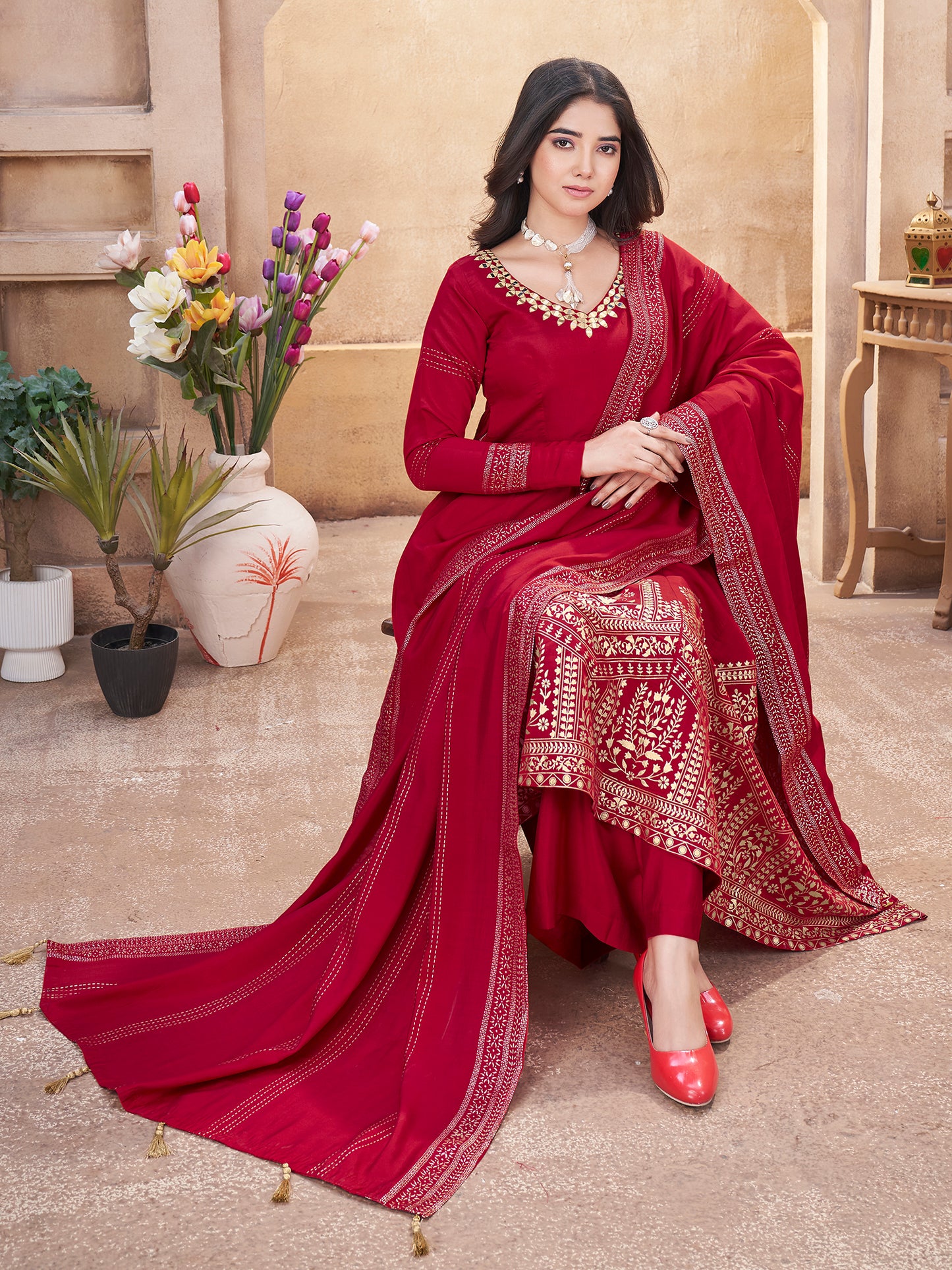 Red Roman Silk Ready to Wear Mirror Work- Shubhkala