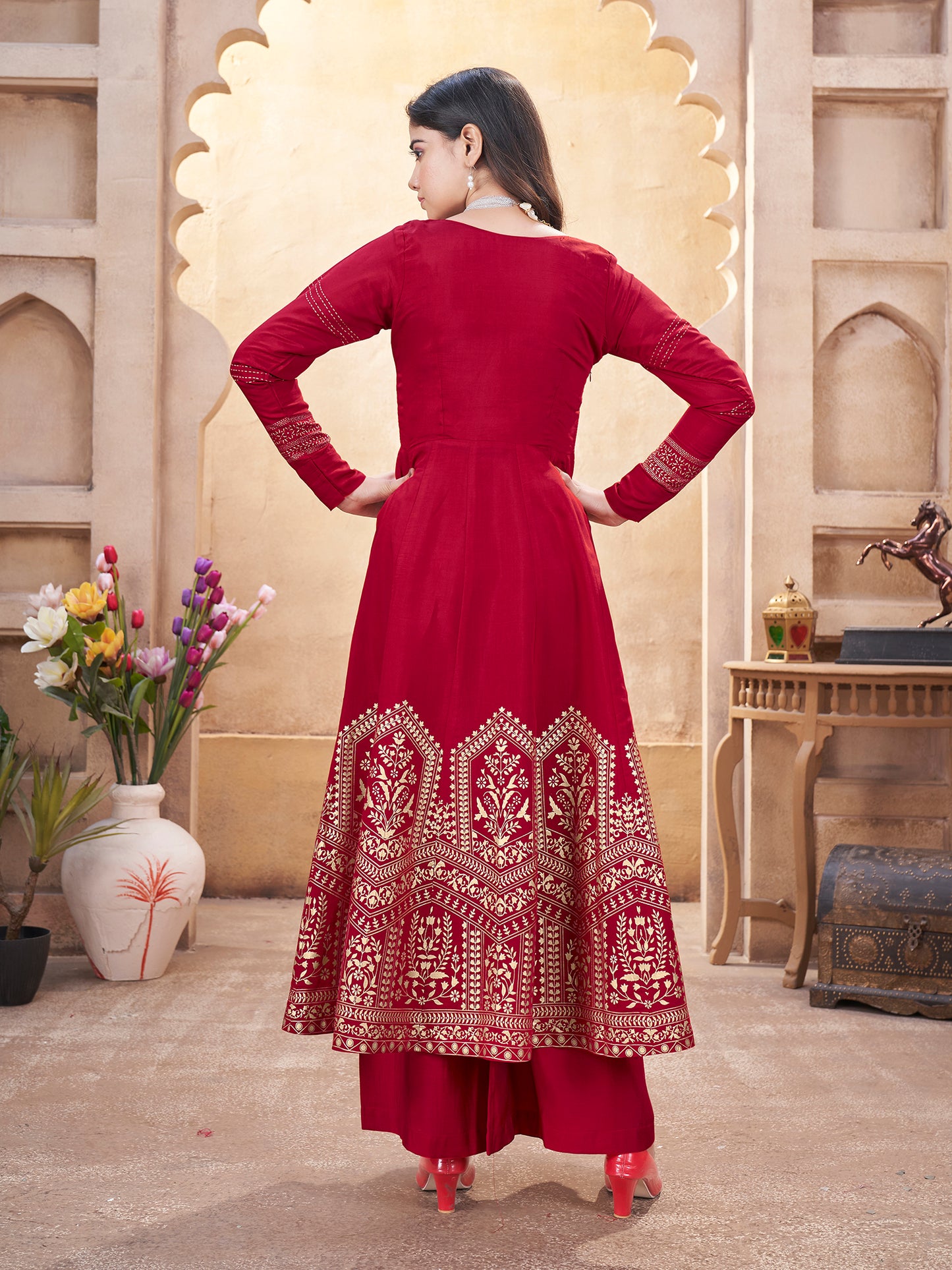 Red Roman Silk Ready to Wear Mirror Work- Shubhkala