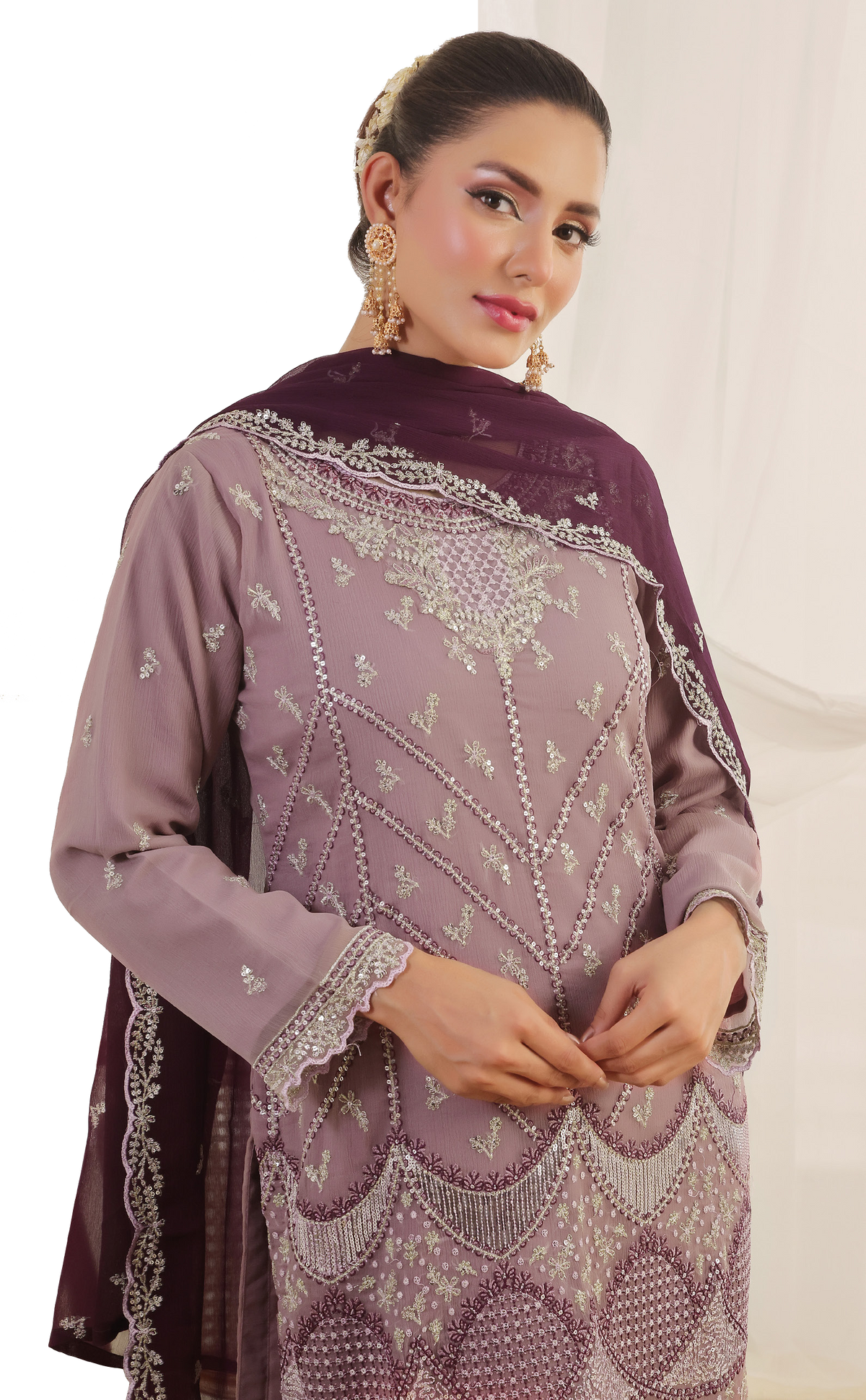 Bin Hameed Chiffon Suits- Mauve-B10