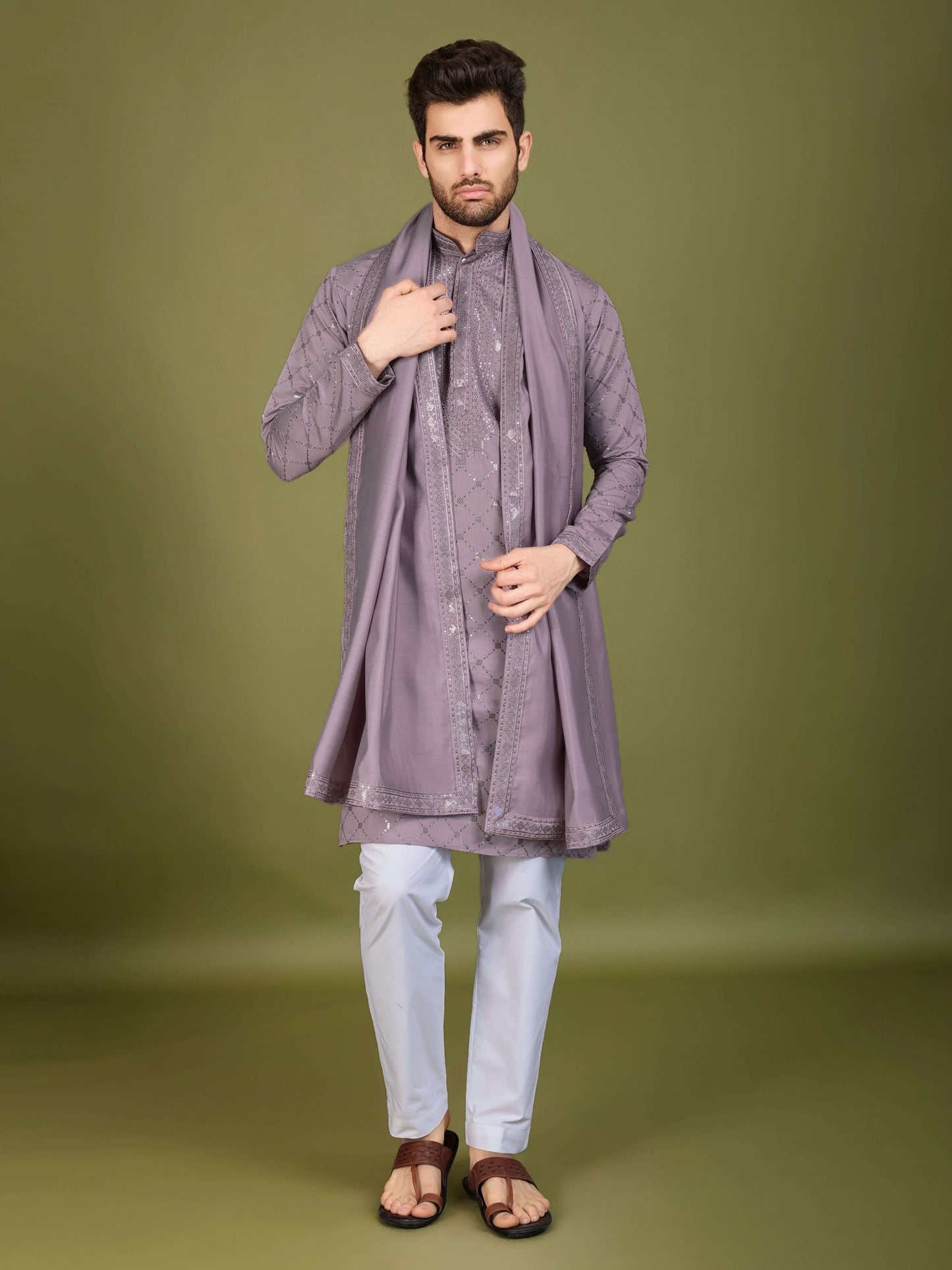 Men- Kurtha+shawl dusty peach