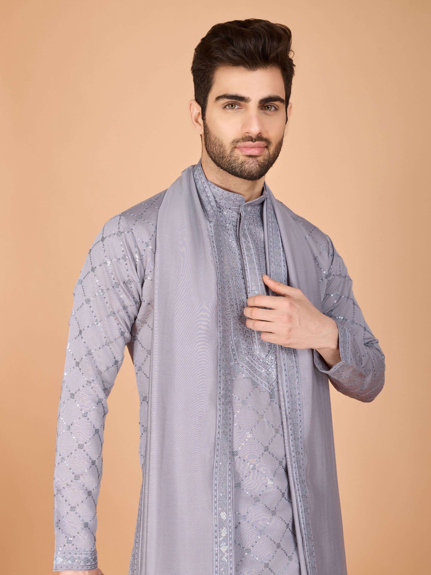 Men- Kurtha+shawl Grey/Lilac
