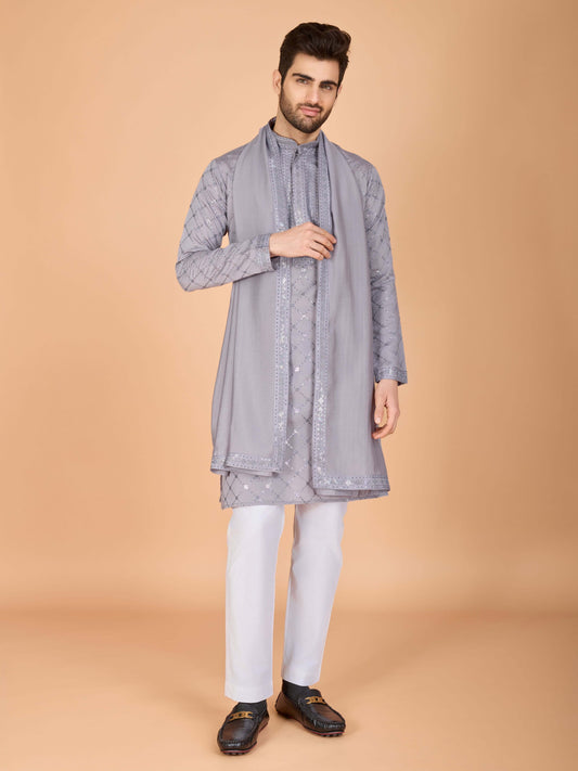 Men- Kurtha+shawl Grey/Lilac