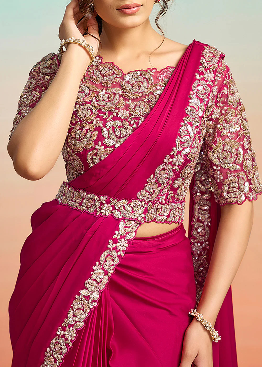 Pink Satin Pre-Stitched Saree with Belt – Elegant & Easy to Wear