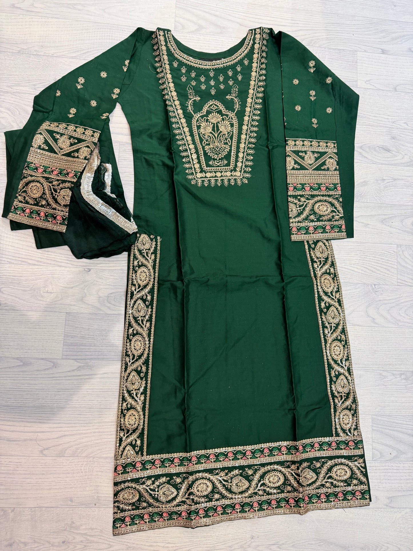 Premium Linen Embroidered 3-Piece Set - 361- Green