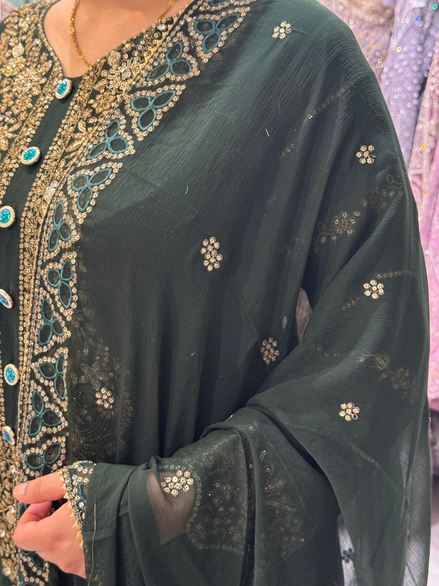 Green Chiffon Embroidered Suit - posh