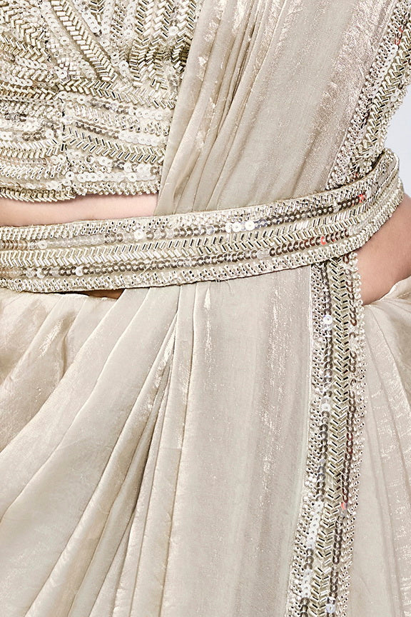 Creme Golden Satin Pre-Stitched Saree with Belt – Elegant & Easy to Wear