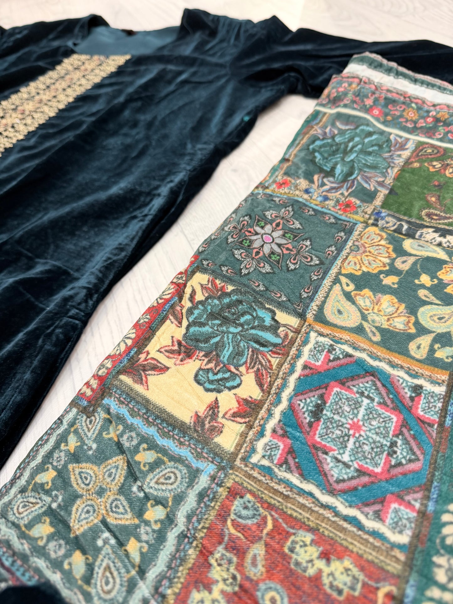 Velvet Festive 3-Piece Suit – Teal blue- Multi colour dupatta