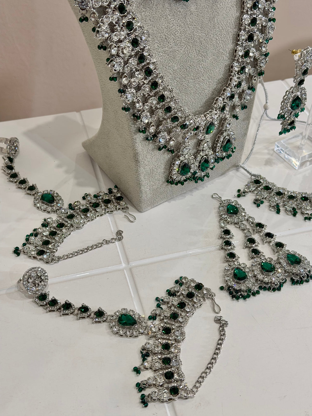 Emerald Green / Silver AD Bridal Jewellery Set