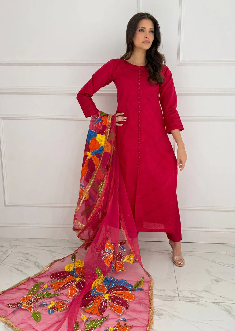 Hot Pink Raw Silk Suit with Handpainted Dupatta
