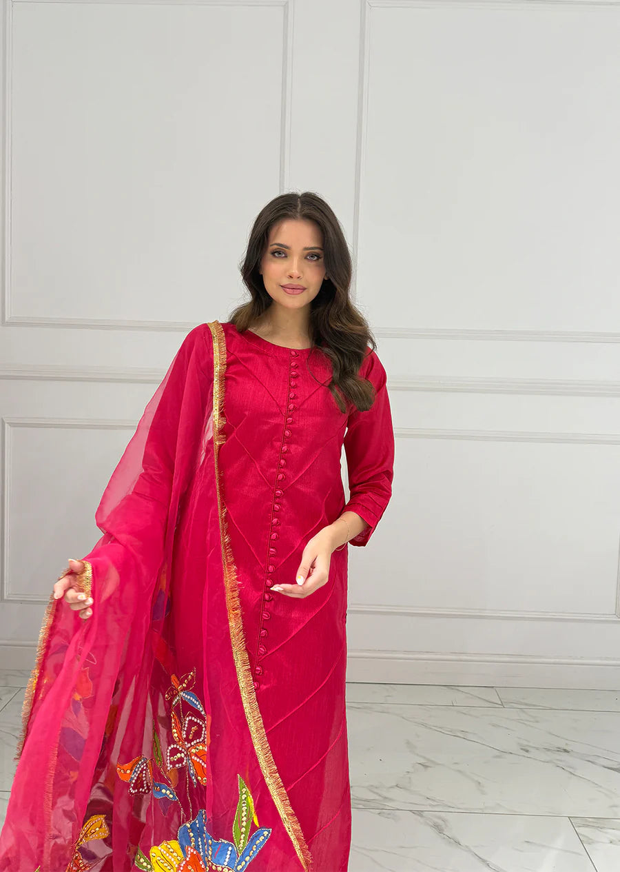 Hot Pink Raw Silk Suit with Handpainted Dupatta