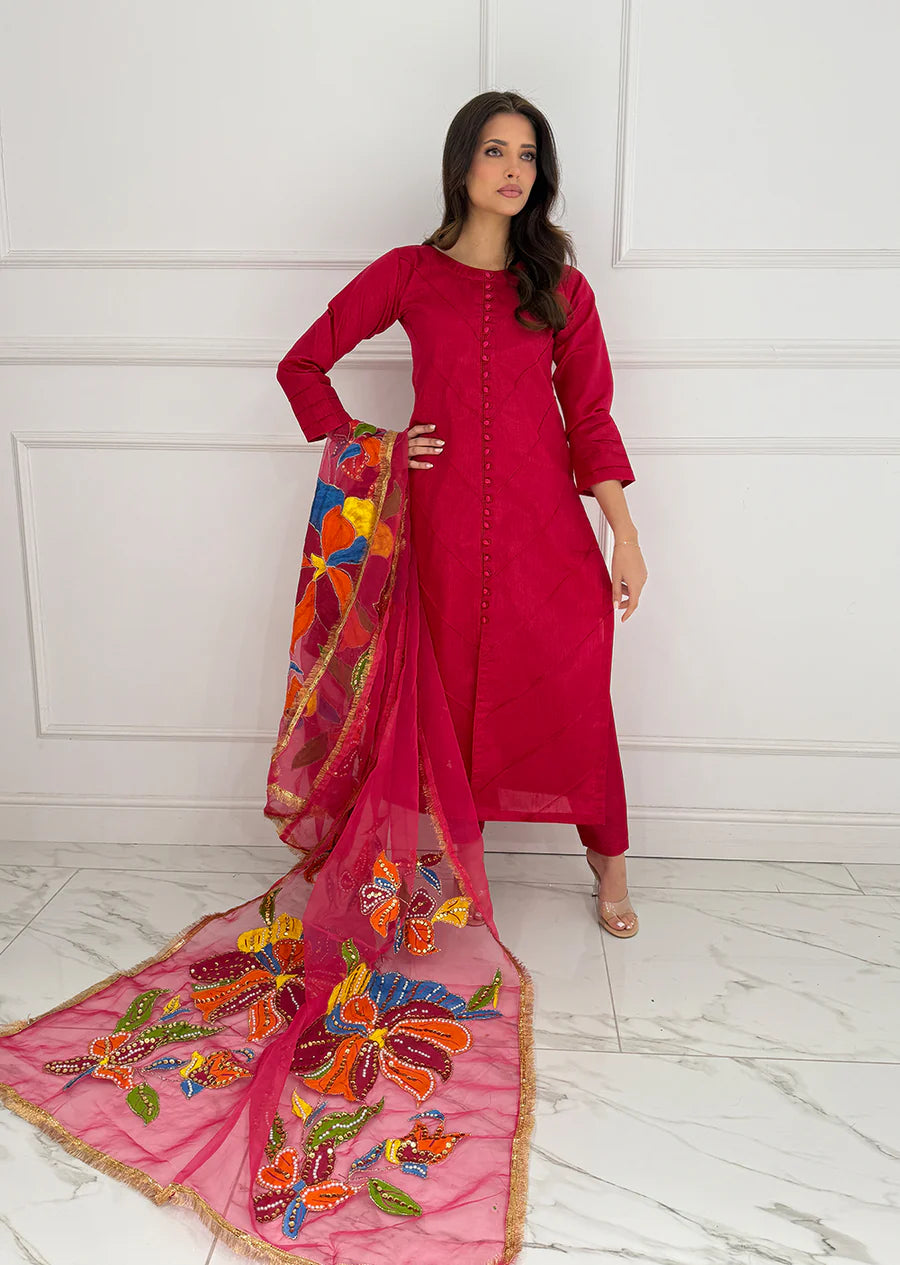 Hot Pink Raw Silk Suit with Handpainted Dupatta