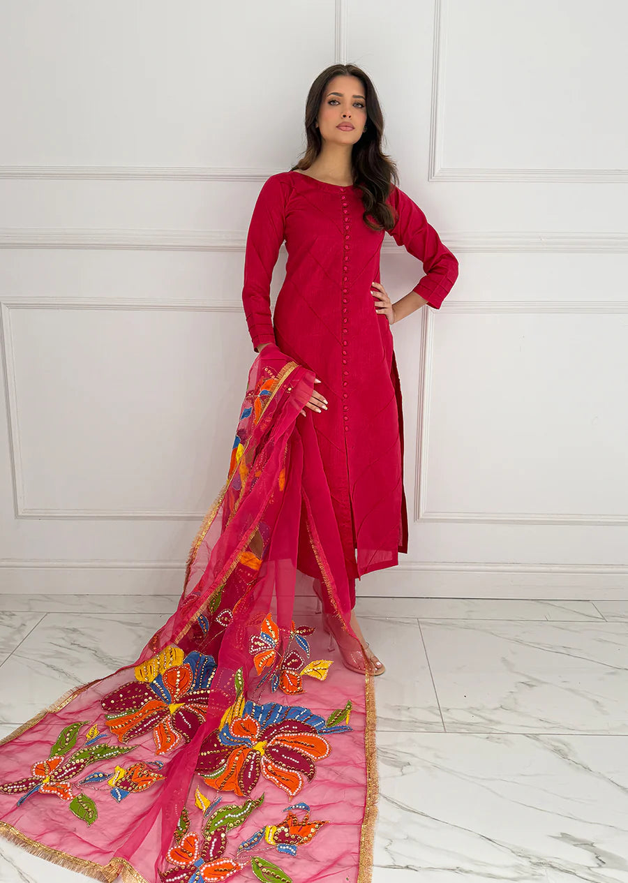 Hot Pink Raw Silk Suit with Handpainted Dupatta