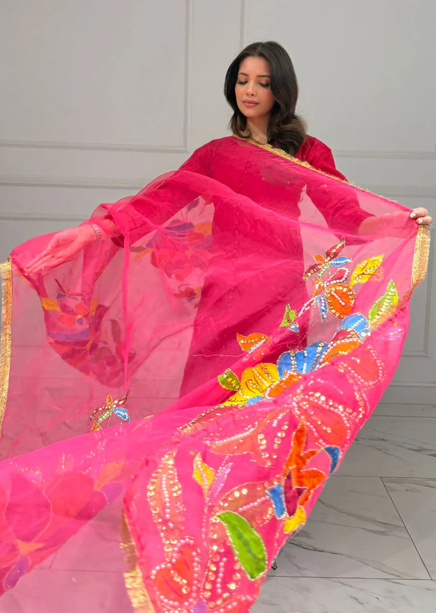 Hot Pink Raw Silk Suit with Handpainted Dupatta