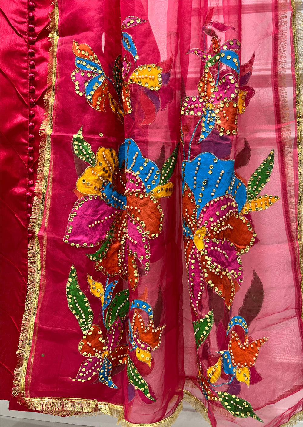 Hot Pink Raw Silk Suit with Handpainted Dupatta