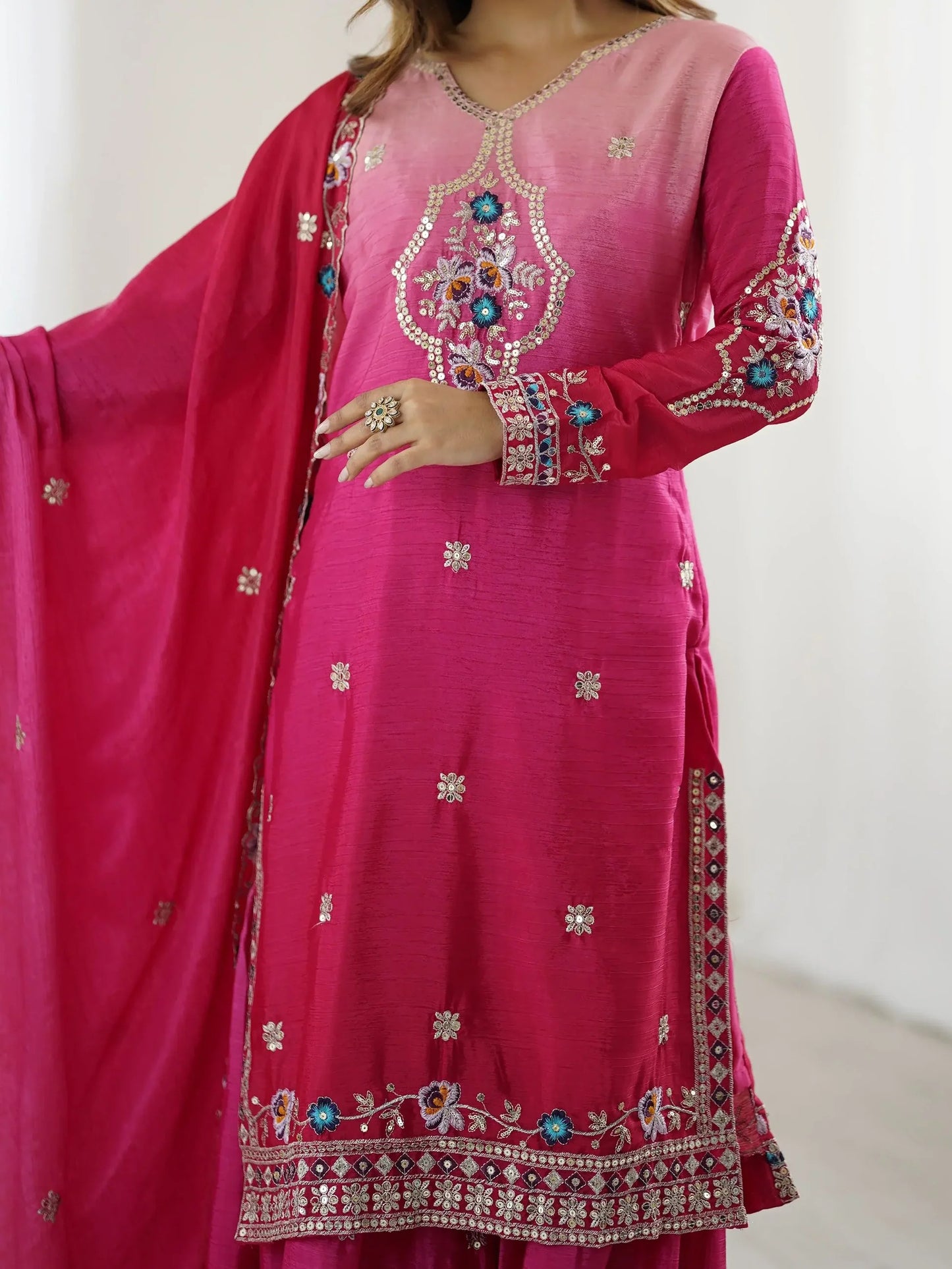 Hot Pink Sequins Embroidered Chinon Sharara Suit