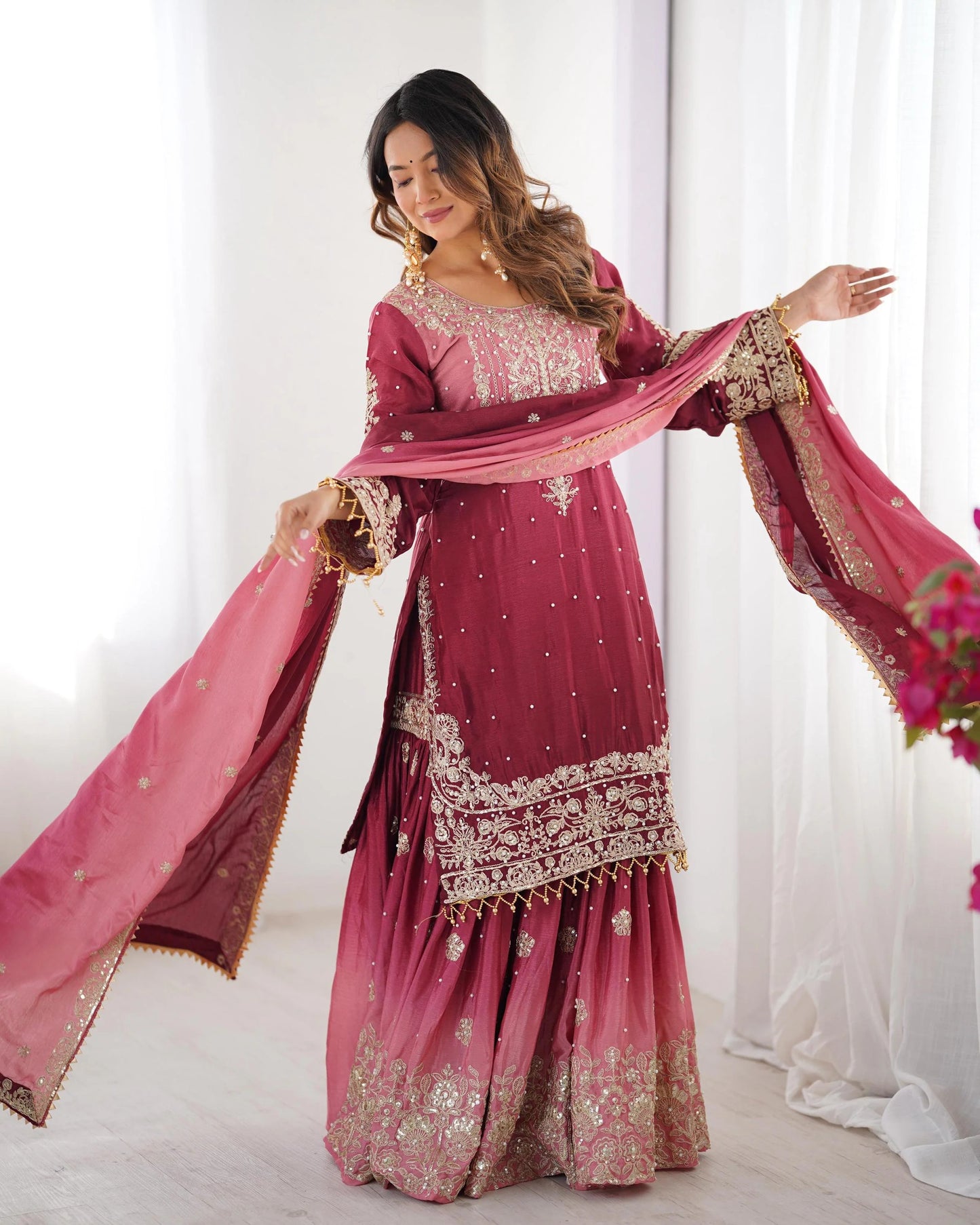 Maroon Chinon Sharara Suit
