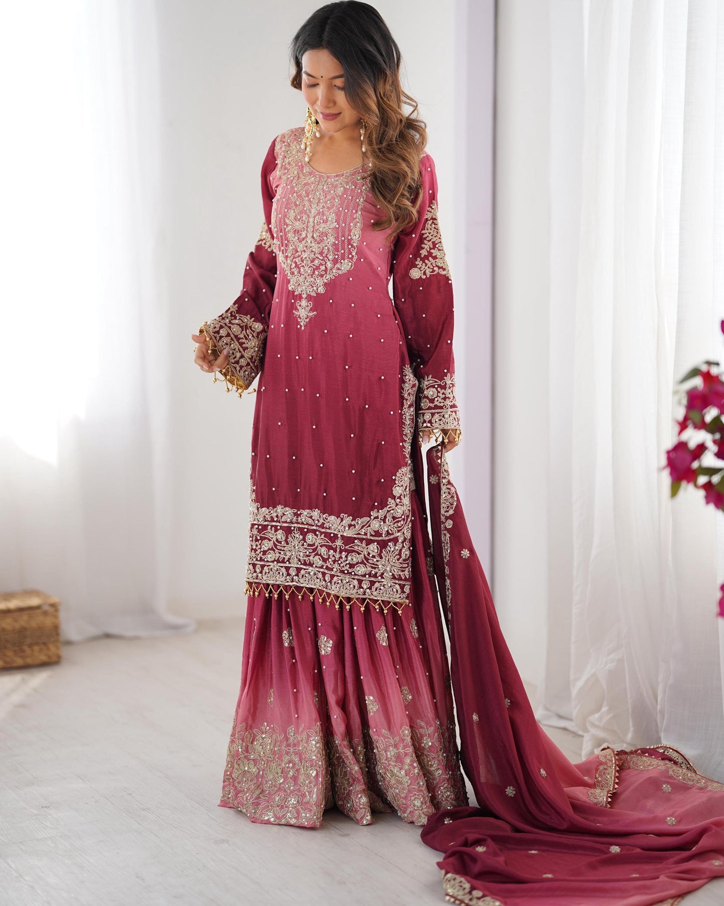 Maroon Chinon Sharara Suit