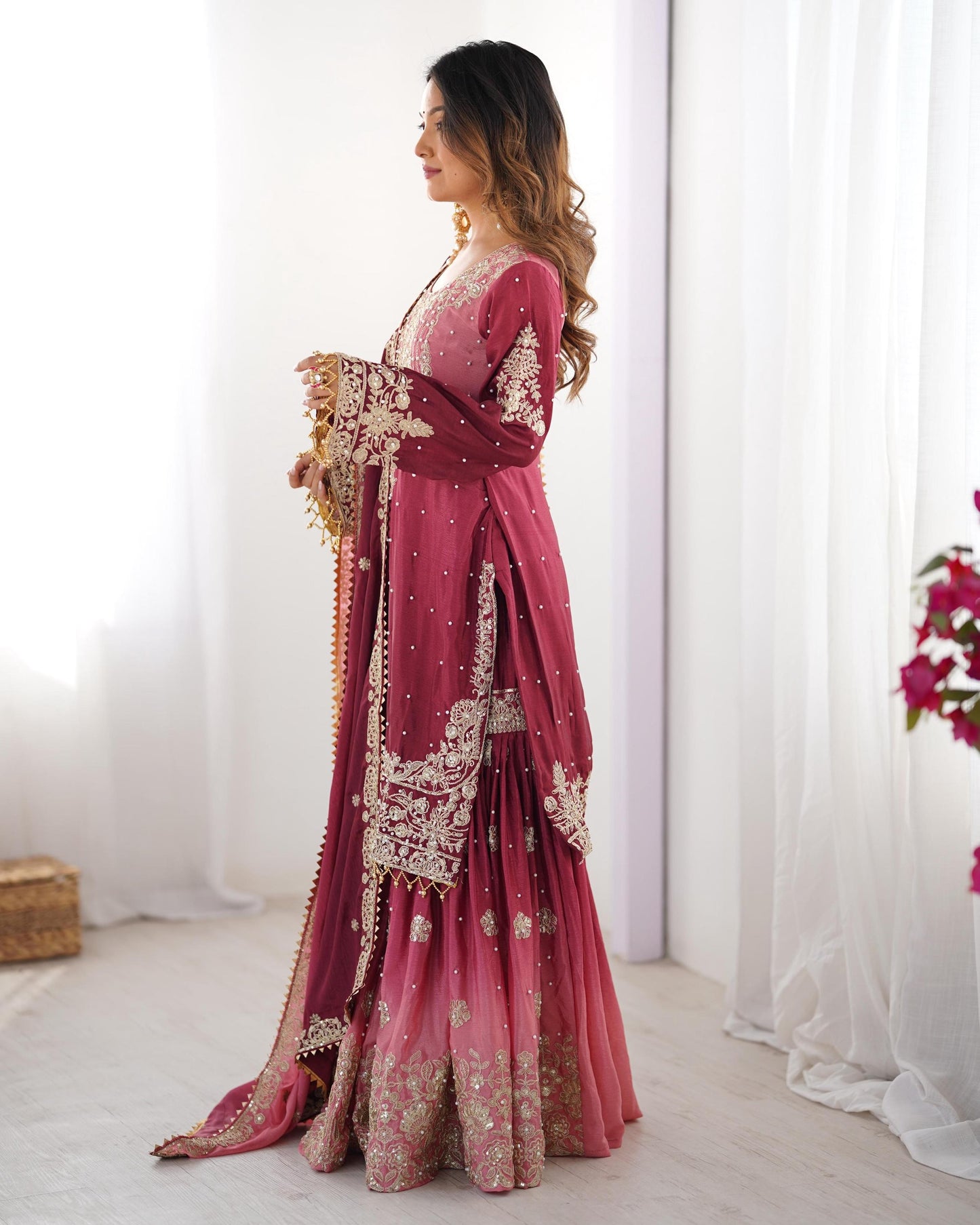 Maroon Chinon Sharara Suit