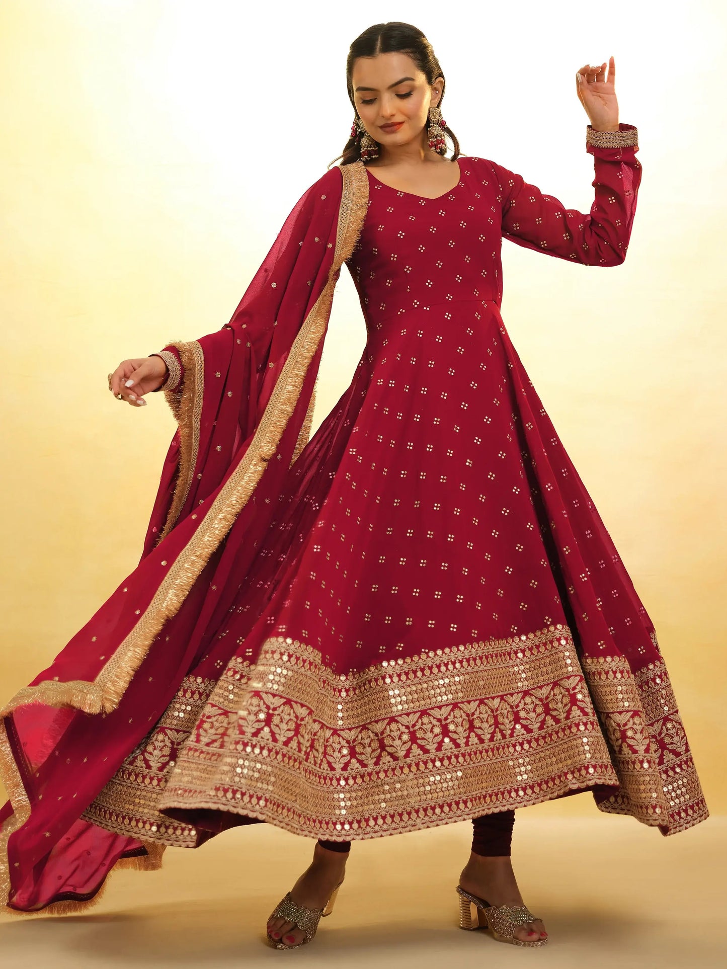 Red Embroidered Georgette Party Wear Anarkali