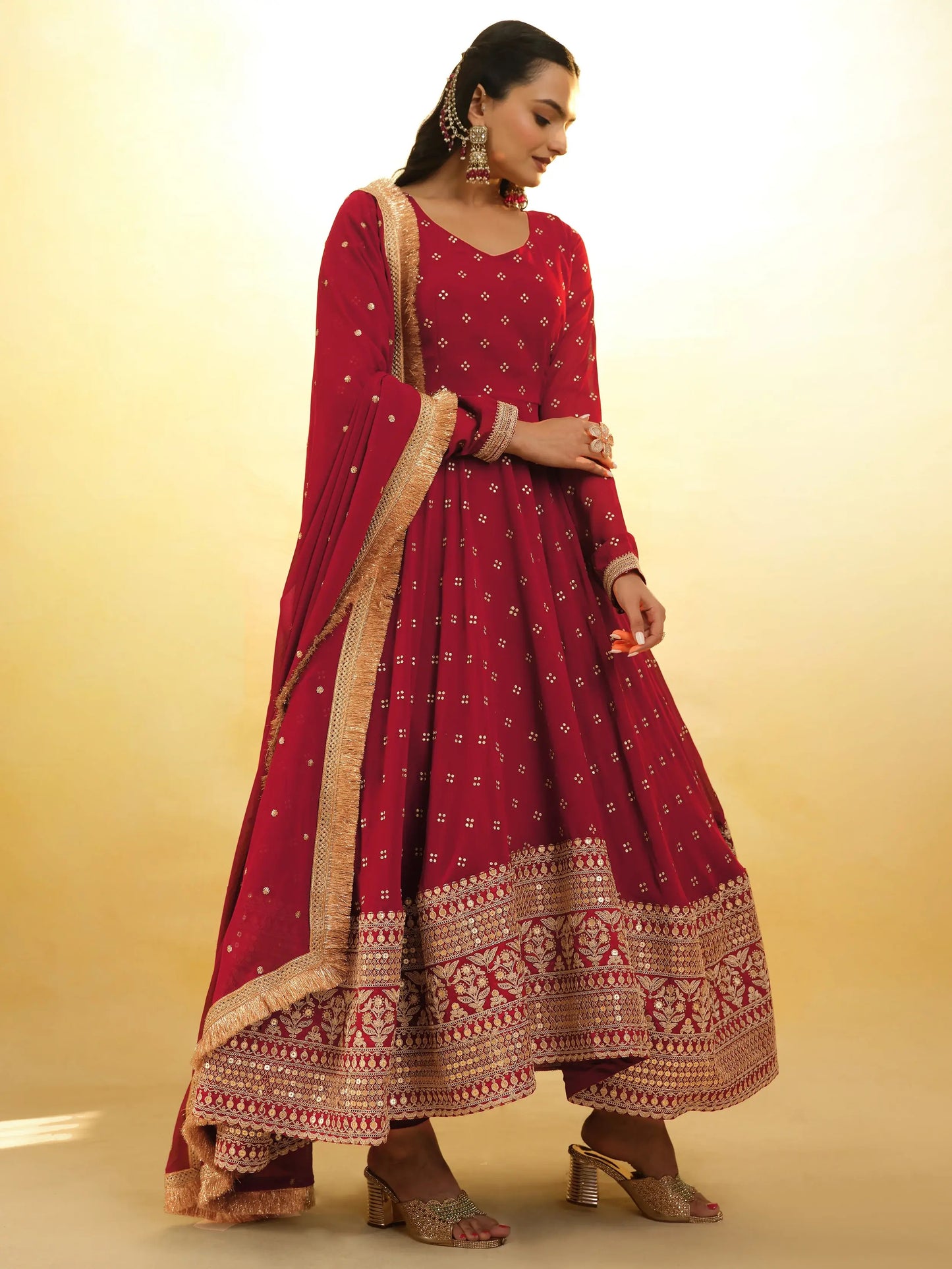 Red Embroidered Georgette Party Wear Anarkali