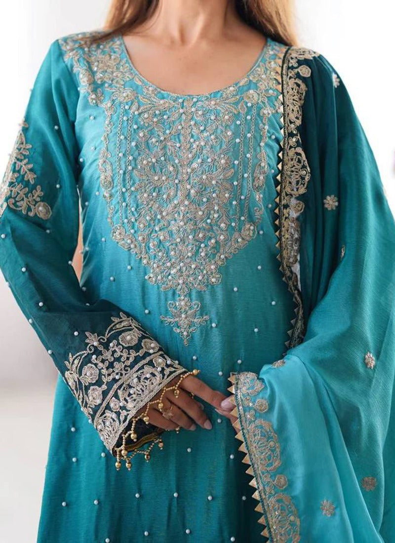 Sky Blue Chinon Sharara Suit