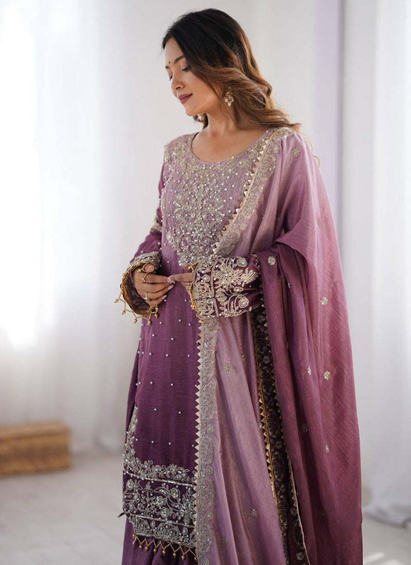 Dusty Pink Chinon Sharara Suit