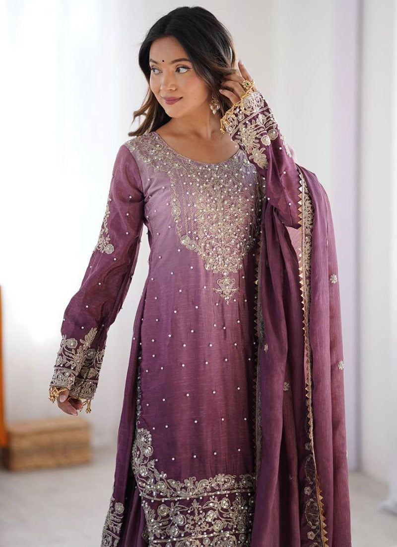 Dusty Pink Chinon Sharara Suit