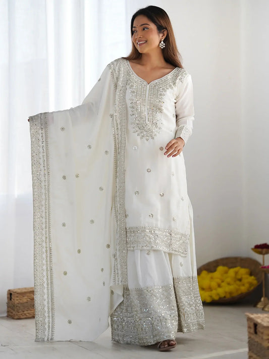 Elegantes Offwhite/gold Chinon Sharara Set