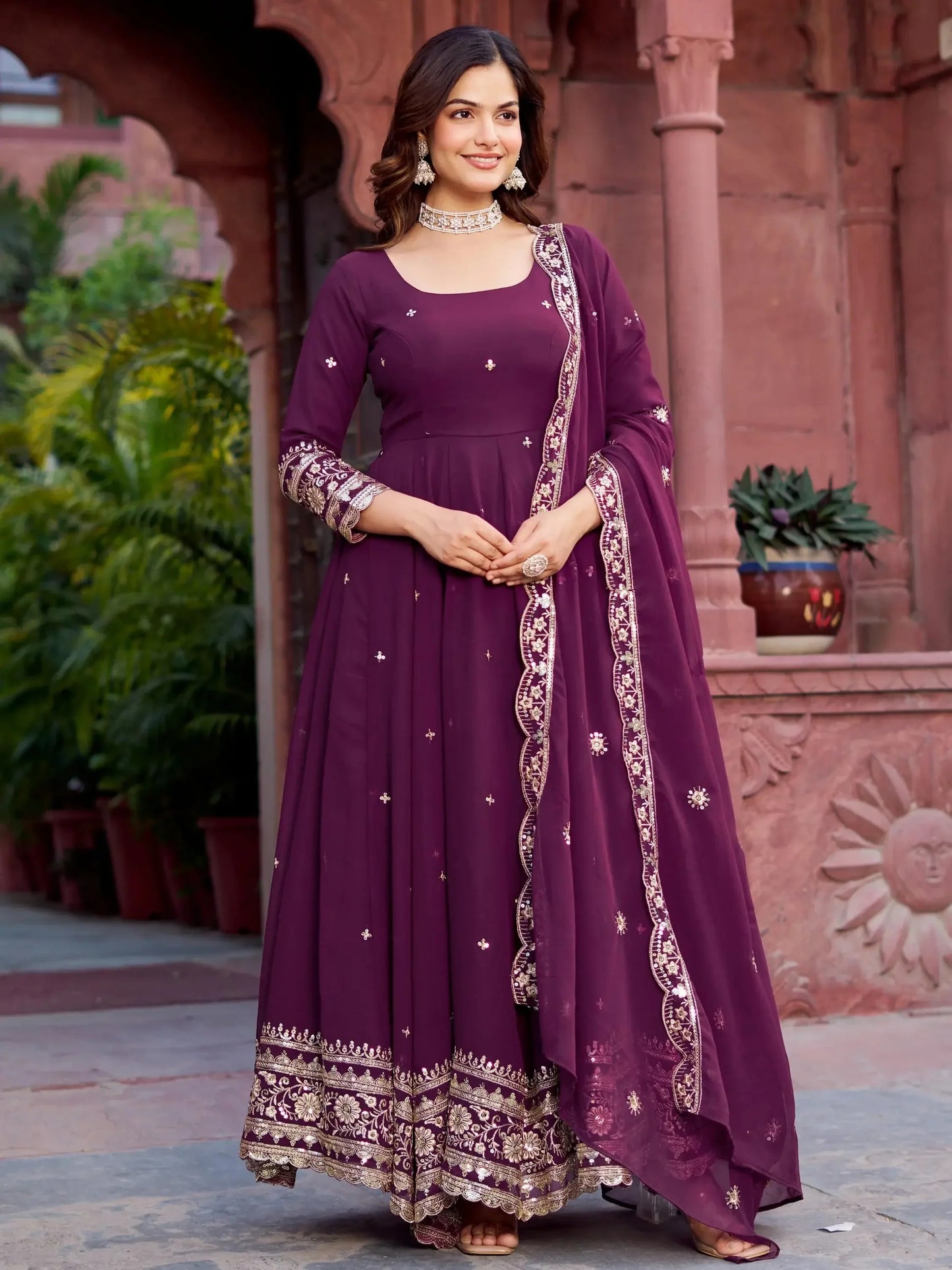 Wine Sequins Georgette Wedding Gown With Dupatta