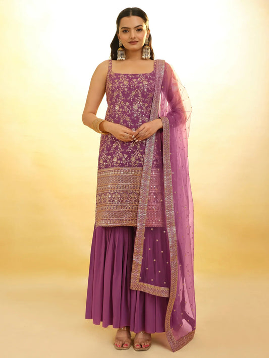 Purple Embroidered Georgette Wedding Sharara Suit