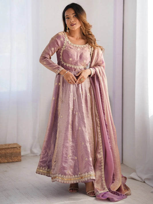 Pink/Lila Sequins Silk Traditional Gown With Dupatta