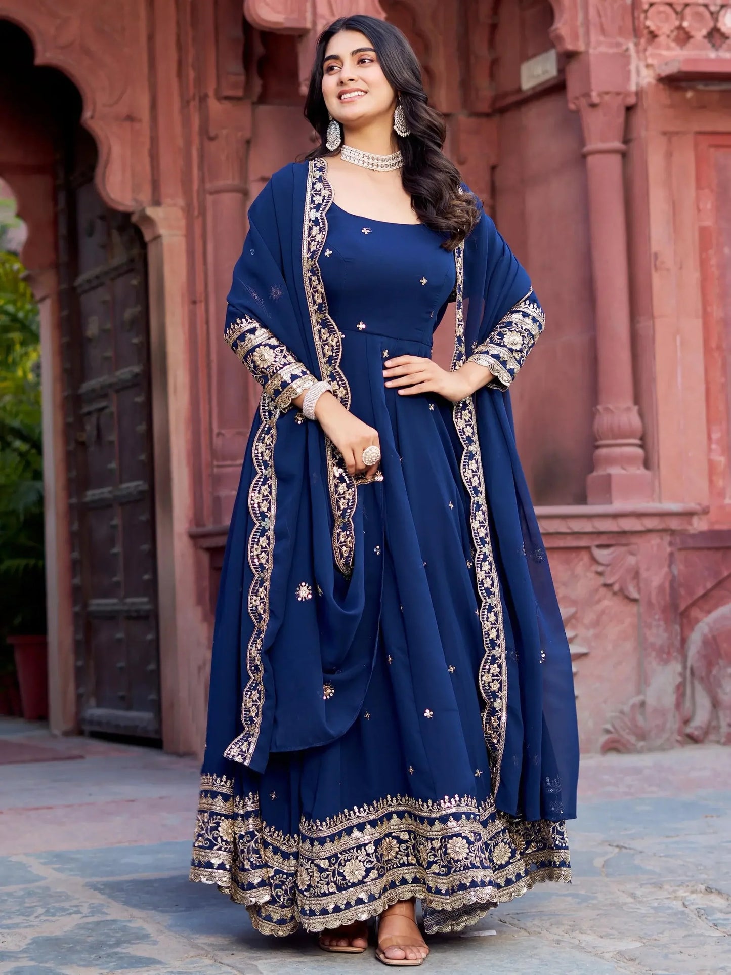 Navy Georgette Anarkali mit Dupatta