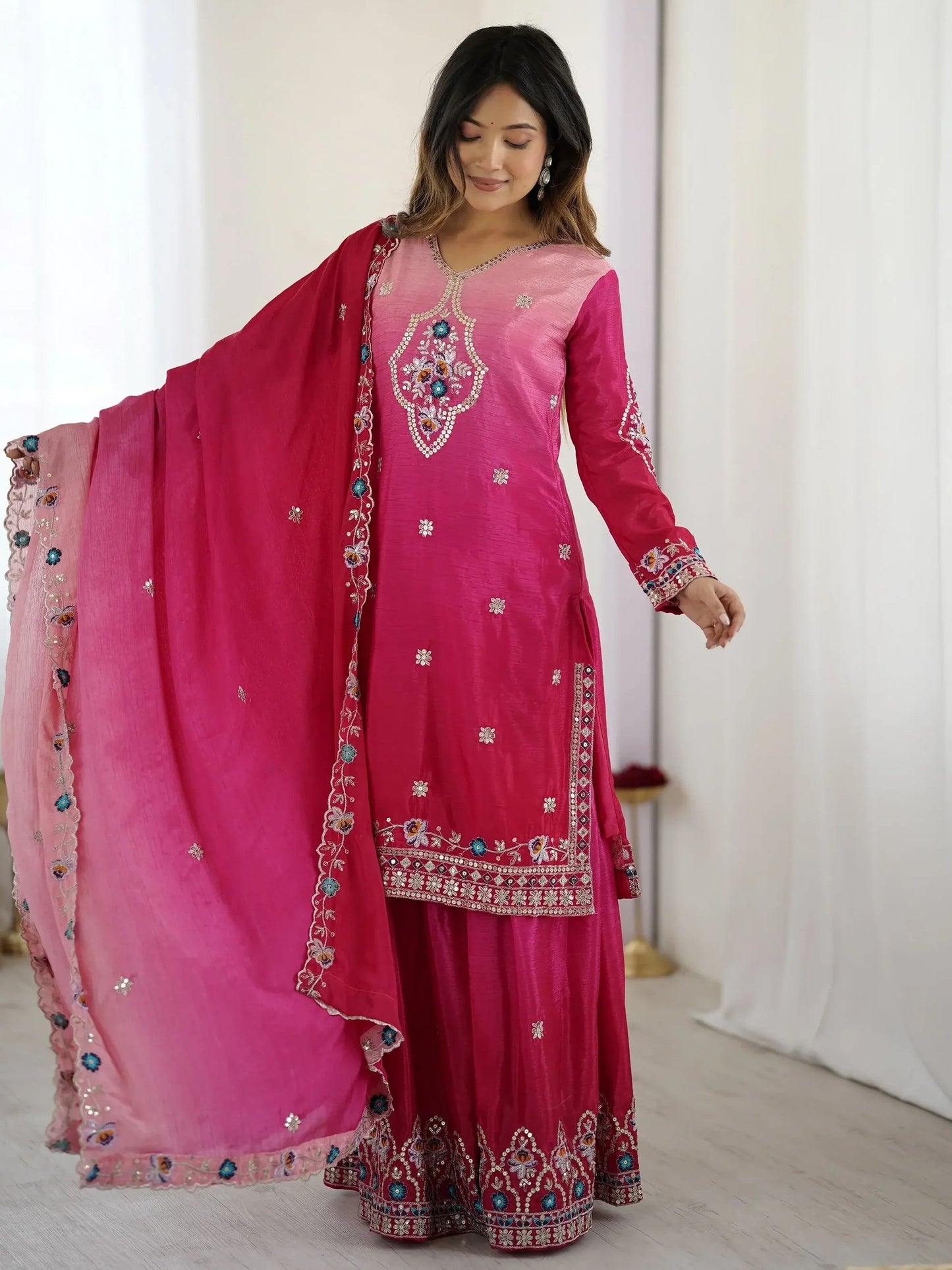 Hot Pink Sequins Embroidered Chinon Sharara Suit