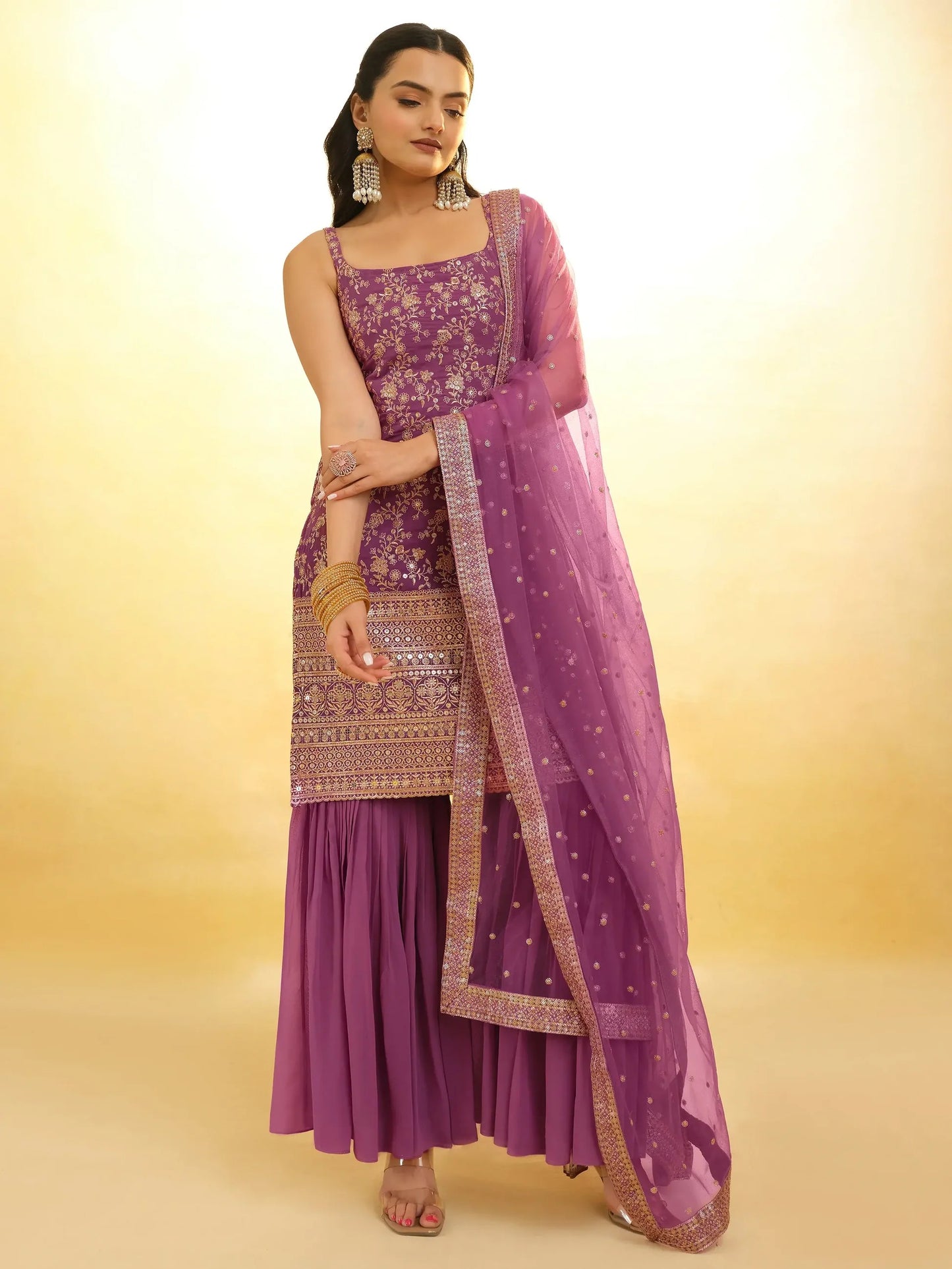 Purple Embroidered Georgette Wedding Sharara Suit