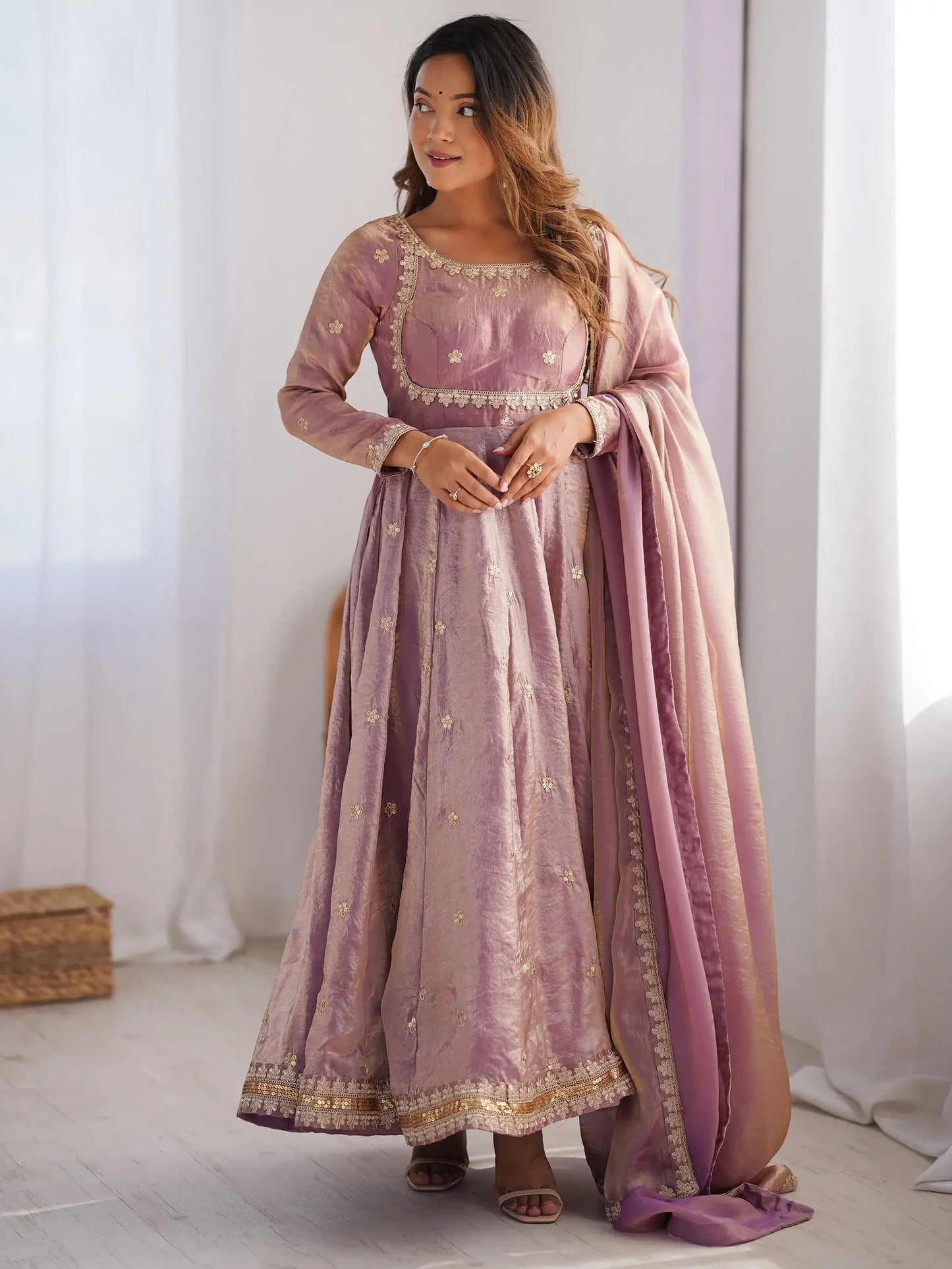 Pink/Lila Sequins Silk Traditional Gown With Dupatta