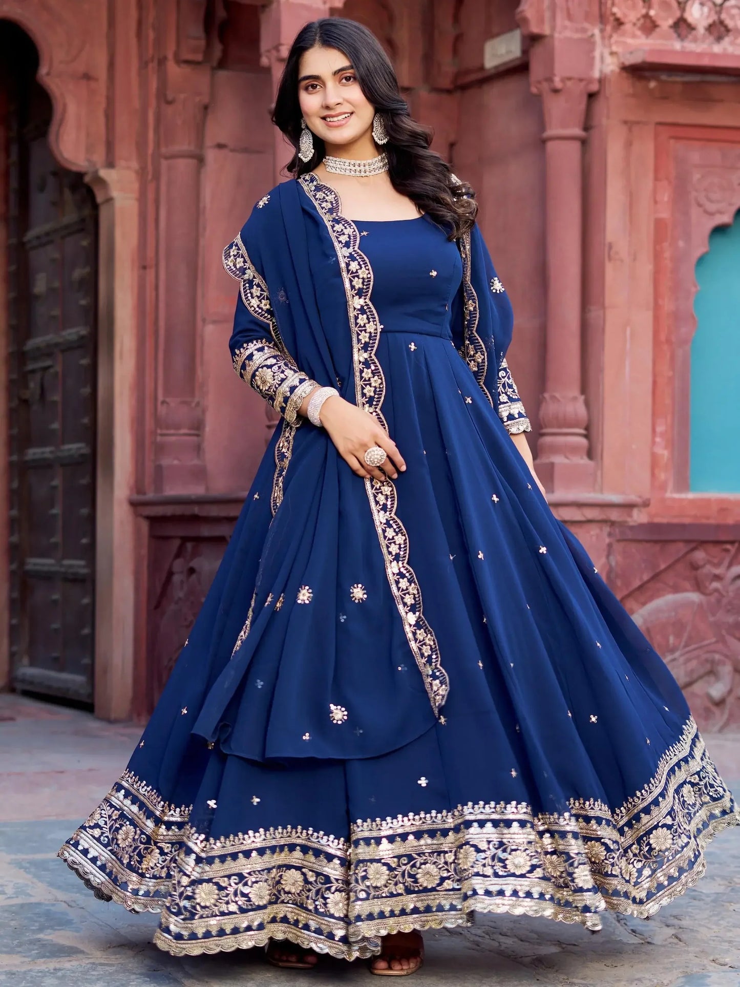 Navy Georgette Anarkali mit Dupatta