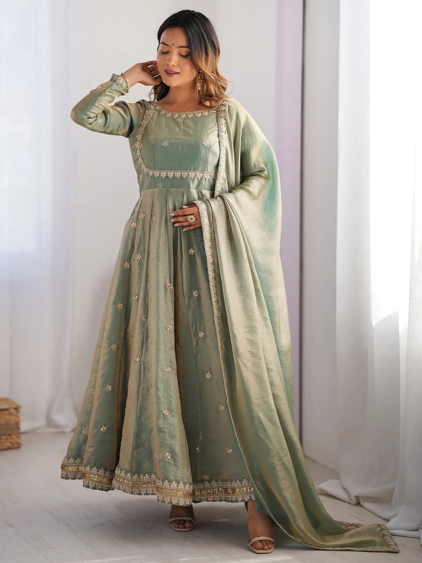 Green Sequins Silk Traditional Gown With Dupatta