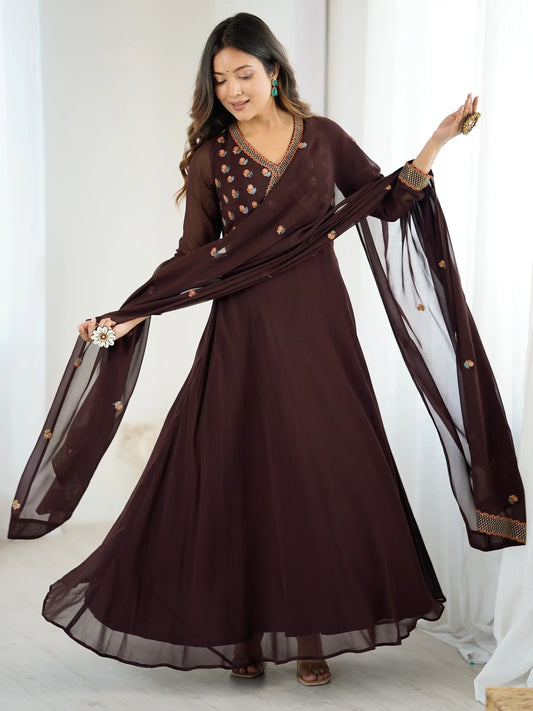 Brown Embroidered Georgette Designer Gown With Dupatta