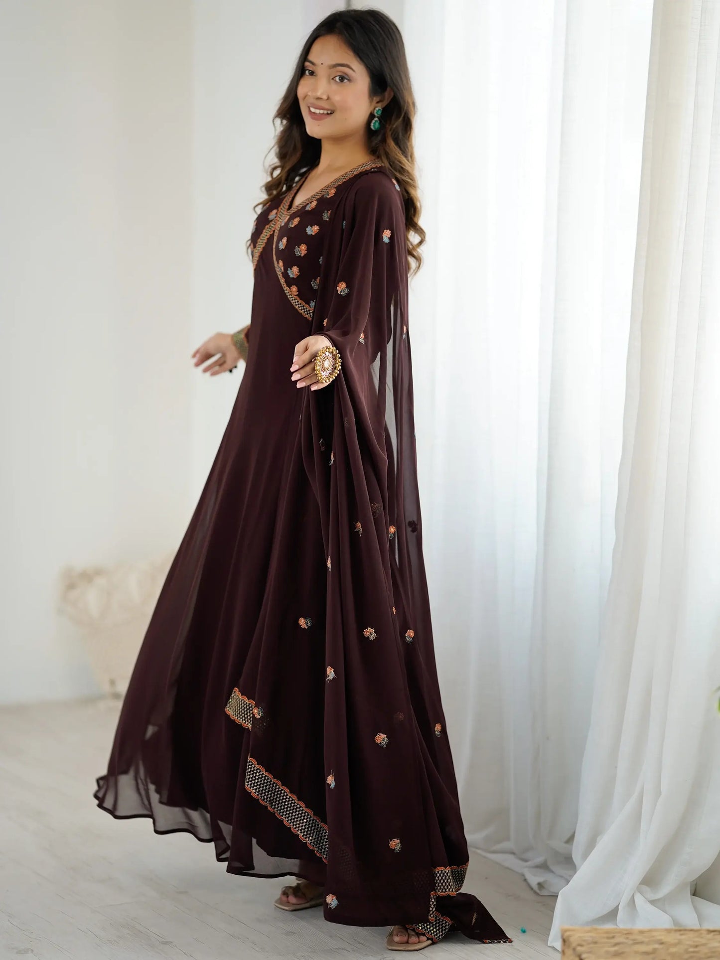 Brown Embroidered Georgette Designer Gown With Dupatta