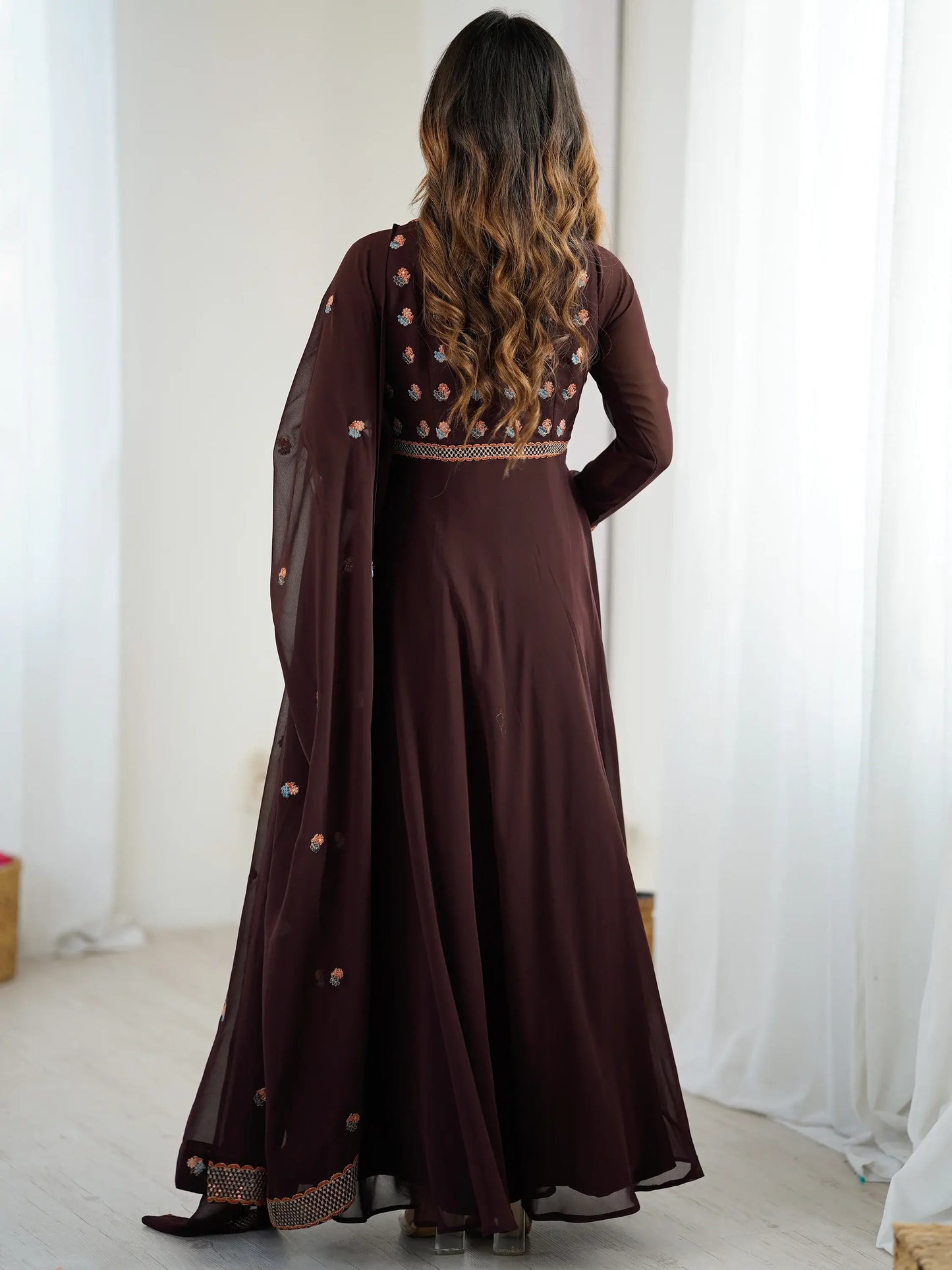 Brown Embroidered Georgette Designer Gown With Dupatta